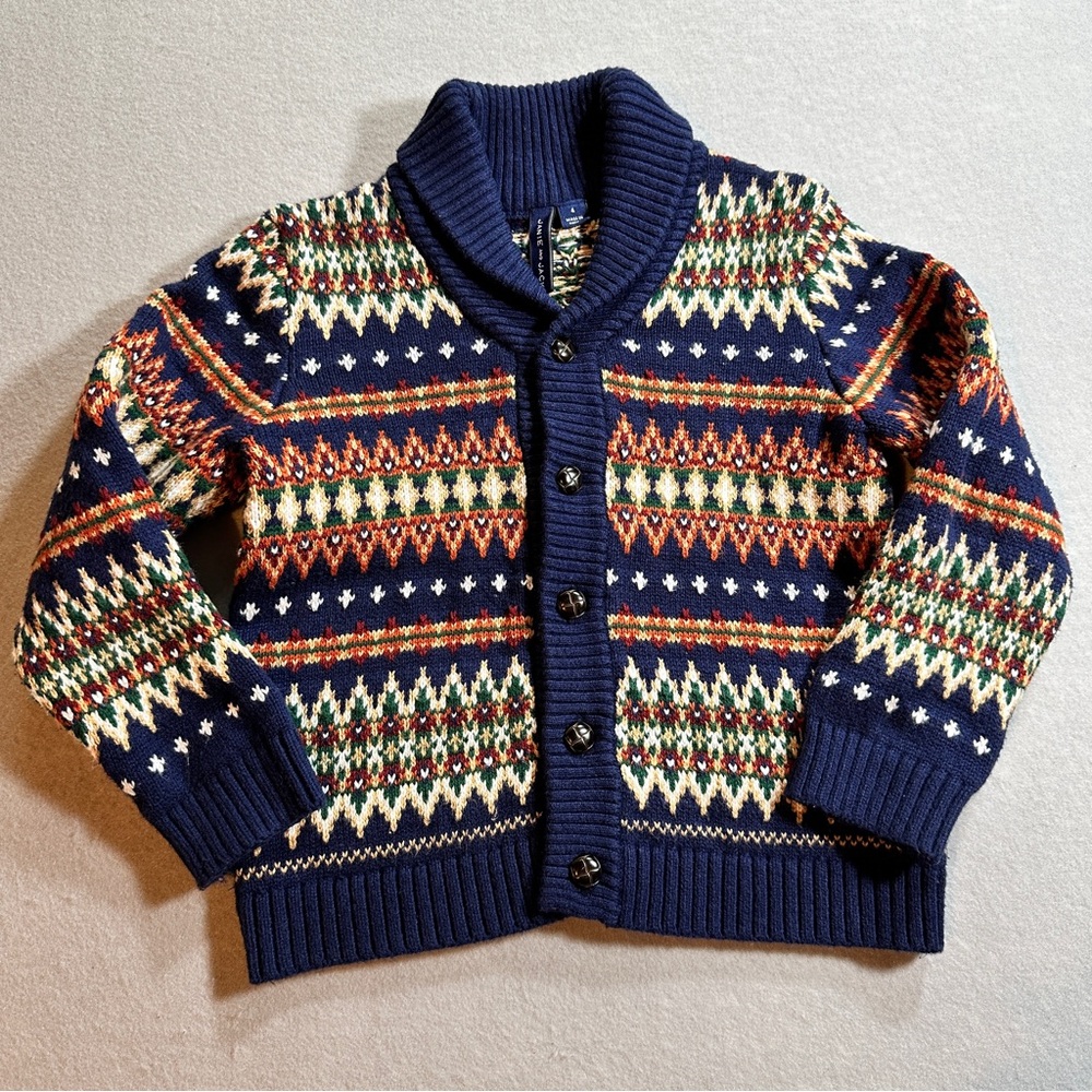 Janie and Jack Boys Fair Isle Shawl Collar Cardigan Sweater Size 4‎ Navy Tan